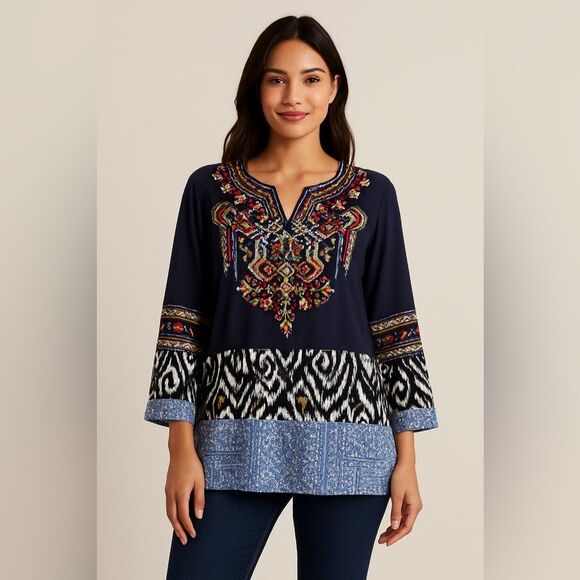 Tops - New Calessa Embroidered Boho Tunic Size Medium in Navy/Multi